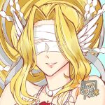  1girl alycoris apple bare_shoulders blindfold blonde_hair commentary_request digimon digimon_(creature) feathered_wings food fruit head_wings long_hair smile solo upper_body venusmon very_long_hair white_wings wings 