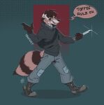 absurd_res anthro backpack boots brown_hair clothing ears_up footwear hair hi_res holding_knife holding_melee_weapon holding_object holding_weapon knife looking_at_viewer male mammal mawkvlt melee_weapon open_mouth procyonid raccoon raccoon_tail shoes smile smiling_at_viewer solo speech_bubble tail teeth teeth_showing text toffee_32 tongue weapon wearing_backpack