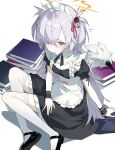  1girl :d \||/ absurdres apron arm_support black_dress black_ribbon black_shoes blue_archive book commentary dress frilled_apron frilled_dress frills from_above full_body grey_hair hair_intakes hair_over_one_eye halo hand_on_own_thigh highres kanoe_(blue_archive) long_hair looking_at_viewer maid maid_headdress mary_janes neck_ribbon okappa_(bobbed001) open_mouth orange_eyes orange_halo pale_skin parted_bangs puffy_short_sleeves puffy_sleeves ribbon shoes short_sleeves simple_background sitting smile solo thighhighs two_side_up white_apron white_background white_dress white_thighhighs zettai_ryouiki 