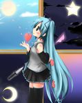  blue_hair crescent_moon day_and_night hatsune_miku heart karaage3 knife long_hair moon skirt sky solo star sun thighhighs very_long_hair vocaloid 