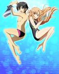  1girl asuna_(sao) barefoot black_eyes black_hair brown_eyes brown_hair competition_swimsuit couple highres kinfuji kirito long_hair long_legs male_swimwear one-piece_swimsuit short_hair swim_briefs swimsuit swimwear sword sword_art_online weapon 