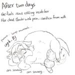 1:1 ambient_arthropod ambient_fly ambient_insect black_and_white bodily_fluids breasts crotch_breasts dialogue digital_drawing_(artwork) digital_media_(artwork) english_text female female_feral feral fluffy_pony fluffy_pony_(species) gore hair hi_res lying mammal monochrome nipples on_side open_mouth overweight overweight_female pained_expression solo suffering teeth text vein veiny_breasts vomit yellowcottoncandy030