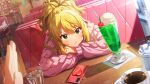  1girl 1other blonde_hair blurry blurry_foreground booth_seating cellphone cherry commentary_request food fruit game_cg green_eyes head_rest hoshii_miki hoshii_miki_(private_dress) ice_cream idolmaster idolmaster_(classic) idolmaster_million_live! idolmaster_million_live!_theater_days indoors long_sleeves looking_at_viewer melon_soda official_alternate_costume official_alternate_hairstyle official_art phone pink_sweater ponytail pout restaurant sitting smartphone solo_focus sweater third-party_source 
