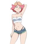  1girl alternate_costume amanda_o'neill arm_at_side arm_behind_head arm_up armpit_crease armpits bare_arms bare_shoulders breasts cleavage clothing_request collarbone commentary contrapposto cowboy_shot english_commentary green_eyes highres infd_d little_witch_academia looking_at_viewer medium_breasts medium_hair multicolored_hair navel orange_hair posing red_hair seductive_smile short_shorts shorts simple_background smile solo standing stomach strapless thighs tube_top two-tone_hair white_background white_tube_top 