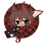  1boy animification antenna_hair bandage_on_cheek black_pants black_shoes brown_hair chibi chibi_only circle commentary drawstring eddsworld english_commentary fang flipped_hair full_body hair_behind_ear hair_between_eyes hair_ears highres holding holding_knife hood hood_down hoodie jitome knife long_sleeves looking_at_viewer m1us234 male_focus open_mouth outline oversized_object pants red_eyes red_hoodie red_outline shoes short_hair simple_background sketch smile smug sneakers solo tord_(eddsworld) white_background 