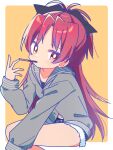  1girl absurdres black_bow blue_shorts blush border bow bright_pupils closed_mouth commentary_request dot_nose feet_out_of_frame food food_in_mouth fur-trimmed_shorts fur_trim grey_hoodie hair_bow hand_up highres hood hood_down hoodie long_hair long_sleeves looking_at_viewer mahou_shoujo_madoka_magica mahou_shoujo_madoka_magica_(anime) navel outside_border parted_bangs pocky pocky_in_mouth red_eyes red_hair ruru_(rurumagi) sakura_kyoko short_shorts shorts simple_background sitting solo white_border white_pupils yellow_background 