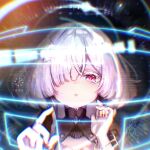  1girl chromatic_aberration colored_eyelashes commentary_request eyes_visible_through_hair grey_hair hair_ornament hair_over_one_eye halo hands_up hasami_(corocorocoronat) holographic_interface long_hair mornye_(wuthering_waves) parted_lips red_eyes solo watermark wuthering_waves 