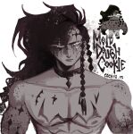  1boy @_@ black_choker black_eyes black_hair body_markings character_name choker commentary cookie_run cookie_run:_kingdom english_commentary freckles highres long_hair millie_0204 mold_dough_cookie no_shirt one_eye_closed scar scene_reference solo white_background 