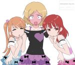  3girls :o amamiya_rizumu bare_shoulders black_shirt blonde_hair blue_skirt blush closed_eyes commentary_request constricted_pupils cowboy_shot doppelschwert dot_nose embarrassed facing_viewer full-face_blush furrowed_brow hair_ornament half-closed_eyes harune_aira heart heart_hair_ornament heart_in_mouth heart_print highres holding_another's_arm korean_commentary korean_text light_blush long_hair looking_ahead multiple_girls no_pupils off-shoulder_shirt off_shoulder orange_hair pink_skirt pretty_rhythm pretty_rhythm_aurora_dream pretty_series print_shirt purple_skirt red_hair request_inset shirt short_hair short_sleeves side_ponytail simple_background skirt standing straight_hair takamine_mion translation_request v-shaped_eyebrows white_background white_shirt 