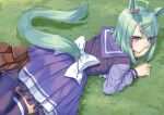  1girl ahoge animal_ears aqua_hair blush bow bowtie closed_mouth commentary_request earclip grass gwsscz hair_ornament hairclip horse_ears horse_girl horse_tail looking_at_viewer lying medium_hair miri_(ago550421) on_stomach pleated_skirt purple_eyes purple_sailor_collar purple_serafuku purple_shirt purple_skirt purple_thighhighs sailor_collar sailor_shirt school_uniform serafuku shirt shoes skirt sugar_lights_(umamusume) tail thighhighs tracen_school_uniform umamusume white_bow white_bowtie 