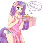  anthro anthrofied apron astropulse blue_eyes blush breasts cupcake cutie_mark dialog english_text equine female friendship_is_magic glowing hair horn horse magic mammal my_little_pony naked_apron open_mouth plain_background pony purple_hair rarity_(mlp) solo suggestive text unicorn waiter white_background white_skin 