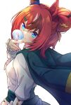  1girl animal_ears atelier_z44 blowing_bubble_gum blue_eyes blue_jacket blush breasts brown_hair bubble_gum_fellow_(dawn_light)_(umamusume) bubble_gum_fellow_(umamusume) chewing_gum closed_mouth commentary_request hair_between_eyes hair_bun hair_ornament hairclip highres horse_ears horse_girl jacket jacket_on_shoulders long_hair long_sleeves looking_at_viewer looking_back multicolored_hair official_alternate_costume shirt simple_background skirt smile solo streaked_hair umamusume white_hair 