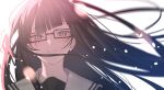  1girl black_hair commentary_request fate/grand_order fate_(series) glasses grey_eyes highres kurohime_(fate) light_blush long_hair mashima_saki_(mashimasa) petals portrait scar scar_across_eye scar_on_face smile wind 