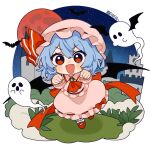  1girl artist_name ascot back_bow bat_(animal) bat_wings blue_hair bow chinese_commentary collared_shirt commentary_request fafa fangs full_body full_moon ghost hat hat_ribbon highres mob_cap moon night open_mouth pink_hat pink_shirt pink_skirt red_ascot red_bow red_eyes red_moon remilia_scarlet ribbon shirt skirt skirt_set sky smile solo star_(sky) touhou wings wrist_cuffs 