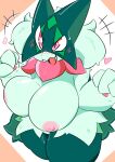 2024 3_fingers anthro areola big_breasts blush blush_lines bodily_fluids breast_curtains breasts cute_fangs digital_media_(artwork) fangs female fingers flower_(anatomy) front_view fur generation_9_pokemon genital_fluids green_body green_fur heart_symbol hi_res japanese_description mask meowscarada n14_ak nintendo nipples open_mouth pawpads paws pink_areola pink_eyes pink_nipples pokemon pokemon_(species) portrait simple_background solo sweat teeth thick_thighs three-quarter_portrait vaginal_fluids white_sclera
