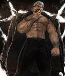  1boy abs absurdres bara bare_pectorals beard biceps black_hair black_jacket black_pants chest_hair closed_mouth commentary dopey_(dopq) english_commentary facial_hair hand_on_own_chin highres jacket looking_at_viewer looking_down male_focus multicolored_hair muscular muscular_male old old_man pants pectorals pompey_(zenless_zone_zero) swept_bangs white_hair zenless_zone_zero 