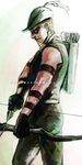  arrow blonde_hair bow_(weapon) dc_comics domino_mask facial_hair gloves goatee green_arrow green_arrow_(series) green_pants hat hat_feather male male_focus mask mustache oliver_queen pants quiver sleeveless solo weapon 