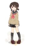  1girl averting_eyes black_sailor_collar black_skirt black_socks blush brown_hair brown_shoes brown_sweater closed_mouth commentary_request embarrassed flat_chest full_body highres kneehighs long_sleeves looking_to_the_side miniskirt neckerchief original pee peed_self pigeon-toed pleated_skirt ponnu_(tnpn2yw) puddle red_neckerchief sailor_collar school_uniform serafuku shoes short_hair sidelocks sideways_glance simple_background skirt skirt_hold socks solo standing steam sweater twintails wavy_mouth wet_socks white_background 