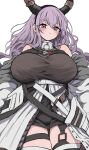  1girl absurdres arknights bare_shoulders black_hairband black_shorts breasts closed_mouth commentary_request grey_jacket hairband highres horns huge_breasts jacket kamatama long_hair looking_at_viewer off_shoulder open_clothes open_jacket purple_eyes purple_hair short_shorts shorts simple_background solo typhon_(arknights) white_background 