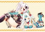  2girls blue_eyes blush cleavage fang long_hair mao_(alepricos) monster_hunter red_eyes white_hair wink zinogre_(armor) 