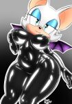 anthro bat bat_wings big_breasts big_ears black_background black_bodysuit black_clothing black_nose black_skinsuit blue_eyeshadow bodysuit breasts clothing eyelashes eyeshadow female front_view fur gradient_background green_eyes grey_background hi_res makeup mammal membrane_(anatomy) membranous_wings navel_outline nipple_outline purple_wings rouge_the_bat sega simple_background skinsuit smile solo sonic_the_hedgehog_(series) tan_body tan_fur thick_thighs tight_clothing white_body white_fur wide_hips wings xenrevv