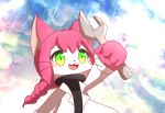  1girl :3 adjustable_wrench animal_ears animal_hands animal_nose black_sweater blush body_fur braid cat_busters cat_ears cat_girl cat_tail chibikemo commentary_request furry furry_female green_eyes happy holding holding_wrench jigoku_no_kohitsuji_wa_nii lab_coat long_hair low_twin_braids neko_hakase open_mouth outdoors outstretched_arm pink_hair sky slit_pupils solo sweater tail turtleneck turtleneck_sweater twin_braids upper_body whiskers white_fur wrench 