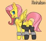  antelon anus chain collar cutie_mark equine female feral fluttershy_(mlp) friendship_is_magic fur green_eyes hair horse legwear looking_back mammal my_little_pony pegasus pink_hair pony pussy restrained solo stockings text wings yellow_fur 
