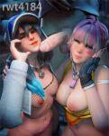  1boy 2girls 3d after_fellatio animal_hood artist_name ashe_(overwatch) black_hair blue_eyes bottomless braid breasts breasts_out cat_hood chain chain_necklace cleavage closed_mouth cropped_jacket cum cum_on_body cum_on_breasts eyeshadow facial fearless_ashe fearless_mercy fingerless_gloves fishnet_tank_top fishnet_top fishnets gloves half-heart_hands hand_on_another's_shoulder hat head_tilt heart highres hood jacket jewelry large_breasts large_penis lipstick_mark lipstick_mark_on_penis looking_at_viewer makeup male_pubic_hair medium_breasts mercy_(overwatch) multiple_girls nail_polish navel necklace nipples one_eye_closed open_clothes open_jacket overwatch penis pink_hair pink_lips pink_nails pubic_hair red_eyes red_lips rwt4184 smile testicles uncensored 