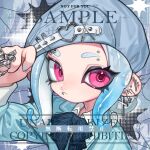  1girl blue_bow blue_bowtie blue_cardigan blue_hair blue_hat bow bowtie cardigan closed_mouth collared_shirt cross cross_earrings ear_piercing earrings eyebrow_piercing face_piercing finger_ribbon grey_ribbon hand_on_own_hat hand_up hat highres jewelry lip_piercing long_sleeves looking_at_viewer medium_hair multiple_piercings nezumi_(tuboshu2013) octoling octoling_girl octoling_player_character parted_bangs piercing pink_eyes portrait safety_pin_piercing sample_watermark shirt solo splatoon_(series) tentacle_hair watermark white_shirt 