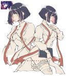  1girl anime_screenshot_inset bible_(object) blue_eyes blue_hair book breasts church colored_inner_hair criis-chan cross english_text gothic_lolita holding holding_book large_breasts latin_cross leotard lolita_fashion looking_at_viewer multicolored_hair panty_&amp;_stocking_with_garterbelt pink_hair priestess screenshot_inset short_hair simple_background solo stocking_(psg) thighhighs two-tone_hair white_background 