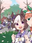  5girls :d animal_ears bag beanie beer_hsk blue_sky bow bread brown_hair character_request check_character commentary_request dango day ear_ribbon ears_through_headwear eating food food_on_face gold_ship_(umamusume) grey_hair grey_hat hair_between_eyes hairband hat highres holding holding_bag holding_food horse_ears horse_girl horse_tail long_hair long_sleeves multicolored_hair multiple_girls nakayama_festa_(umamusume) on_bench orange_hair orfevre_(old_design)_(umamusume) outdoors petals pleated_skirt profile puffy_long_sleeves puffy_sleeves purple_eyes purple_ribbon purple_shirt purple_skirt purple_thighhighs ribbon sanshoku_dango school_uniform shirt short_hair silence_suzuka_(umamusume) sitting skirt sky smile special_week_(umamusume) striped_clothes striped_headwear tail thighhighs tracen_school_uniform tree two-tone_hair umamusume vertical-striped_clothes vertical-striped_headwear very_long_hair wagashi white_bow white_hair white_hairband 