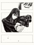  1girl black_hair black_nails black_outline blade_runner_(series) brown_theme gun handgun highres holding holding_gun holding_weapon long_hair looking_at_viewer monochrome original outline pkd_blaster solo tp_p_pt weapon white_background 