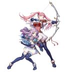  2girls armor arrow_(projectile) attack belt black_thighhighs blue_boots blue_cape blue_gloves blue_thighhighs blush boots bow_(weapon) breastplate breasts brown_belt cape circlet commentary dagger dress elbow_gloves english_commentary fighting_stance fingerless_gloves fire_emblem fire_emblem:_the_blazing_blade fire_emblem:_three_houses fire_emblem_heroes florina_(fire_emblem) florina_(skyward_wings)_(fire_emblem) gloves gomashio_ponz green_eyes hairband headband hilda_valentine_goneril hilda_valentine_goneril_(skyward_wings) holding holding_bow_(weapon) holding_dagger holding_knife holding_weapon knife long_hair looking_at_viewer multiple_girls official_alternate_costume official_art open_mouth pink_dress pink_eyes pink_hair purple_hair quiver sheath short_sleeves shoulder_armor simple_background smile thigh_boots thighhighs twintails weapon white_background white_cape white_dress white_hairband white_headband 