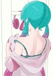  1girl aqua_bra aqua_hair back bra commentary_request fortnite futatunoniji hat hatsune_miku headphones highres holding holding_unworn_clothes holding_unworn_hat hood hoodie long_hair looking_back multicolored_hair neko_hatsune_miku pink_hair pink_hoodie solo twintails underwear undressing unworn_hat unworn_headwear vocaloid 