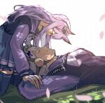  2girls animal_ears aqua_bow blunt_bangs bow bowtie breasts closed_eyes closed_mouth commentary ear_bow ear_ribbon english_commentary gold_ship_(umamusume) grass grey_hair hat highres horse_ears horse_girl lampy_uikoko long_hair long_sleeves looking_at_another lying medium_breasts mejiro_mcqueen_(umamusume) multiple_girls on_back open_mouth petals pillbox_hat pleated_skirt purple_bow purple_eyes purple_hair purple_sailor_collar purple_serafuku purple_shirt purple_skirt purple_thighhighs sailor_collar sailor_shirt school_uniform serafuku shirt skirt smile thighhighs tracen_school_uniform umamusume white_bow white_bowtie 