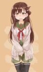  1girl between_legs black_thighhighs blush breast_pocket breasts brown_eyes brown_hair cardigan commentary_request cowboy_shot embarrassed gakkou_gurashi! green_sailor_collar green_skirt grey_cardigan hair_ornament hairclip half-closed_eyes hand_between_legs have_to_pee high-waist_skirt highres long_hair long_sleeves looking_at_viewer medium_breasts miniskirt mole mole_under_eye neckerchief nose_blush one_side_up open_cardigan open_clothes open_mouth orange_background own_hands_together partial_commentary pee peeing peeing_self pleated_skirt pocket ponnu_(tnpn2yw) raised_eyebrows red_neckerchief sailor_collar school_uniform serafuku shirt_tucked_in sidelocks simple_background skirt solo standing star_(symbol) steam sweat tears thighhighs v_arms wakasa_yuuri wavy_mouth wet wet_clothes wet_skirt wet_thighhighs zettai_ryouiki 