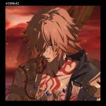  1boy arm_tattoo armlet black_coat blonde_hair blood blood_from_mouth braid chest_tattoo chinese_commentary clawed_gauntlets coat commentary_request earrings facial_tattoo gold_earrings gold_necklace gradient_hair highres honkai:_star_rail honkai_(series) jewelry male_focus medium_hair multicolored_hair mydei_(honkai:_star_rail) necklace open_clothes open_coat red_hair red_tattoo side_braid solo tattoo yellow_blood yellow_eyes yiyiyiyi670 