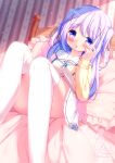  1girl blue_eyes blue_hair blue_ribbon blush book chinomaron commentary_request convenient_leg feet_out_of_frame frilled_pillow frills gochuumon_wa_usagi_desu_ka? hair_ornament highres indoors kafuu_chino knees_up long_hair long_sleeves lying neck_ribbon on_back on_bed open_book pillow pleated_skirt puffy_long_sleeves puffy_sleeves ribbon sailor_collar school_uniform serafuku signature skirt solo sweater thighhighs twitter_username two_side_up white_sailor_collar white_skirt white_thighhighs x_hair_ornament yellow_sweater 