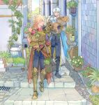  2boys antenna_hair arm_tattoo armlet armor armored_boots basket black_choker black_coat black_pants black_shirt blonde_hair blue_eyes boots braid bread choker clawed_gauntlets coat commentary earrings english_commentary facial_tattoo fish flower_pot food fruit gold_earrings gold_necklace gradient_hair grapes holding holding_basket honkai:_star_rail honkai_(series) jewelry lettuce male_focus medium_hair multicolored_hair multiple_boys mydei_(honkai:_star_rail) neck_tattoo necklace open_clothes open_coat p1enon pants parted_bangs pauldrons phainon_(honkai:_star_rail) pomegranate red_hair red_tattoo shirt short_hair shoulder_armor side_braid single_pauldron tattoo vase white_coat white_hair yellow_eyes 