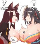  3girls ? absurdres ahoge akagi_(azur_lane) alternate_breast_size_(larger) animal_ears azur_lane between_breasts black_hair breast_contest breast_expansion breast_press breasts brown_hair commentary crossed_bangs english_commentary eye_contact eyeliner eyeshadow fox_ears fox_girl giant giantess highres huge_breasts japanese_clothes kashino_(azur_lane) long_hair looking_at_another makeup mask mask_on_head mini_person minigirl multiple_girls red_eyes staznyan symmetrical_docking taihou_(azur_lane) 