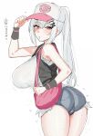  1girl arm_support ass bag baseball_cap black_vest blush breasts cosplay cowboy_shot denim denim_shorts exposed_pocket grey_hair hakase_fuyuki hand_on_headwear hat high_ponytail highres hilda_(pokemon) hilda_(pokemon)_(cosplay) huge_breasts long_hair looking_at_viewer nijisanji number_hair_ornament open_clothes open_vest parted_lips pi_(math) pokemon pokemon_bw ponytail red_bag red_eyes shirt short_shorts shorts shoulder_bag sidelocks simple_background solo steaming_body suisogenshi sweat tented_shirt thighs twisted_torso vest virtual_youtuber white_background white_shirt 