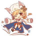  1girl belt black_gloves black_socks blonde_hair blush boots brooch brown_belt brown_boots brown_skirt buckle chibi fingerless_gloves full_body fur_hat fur_trim girls'_frontline gloves gun hair_between_eyes hand_on_headwear handgun hat holding holding_gun holding_weapon holster jacket jacket_on_shoulders jewelry jumping long_sleeves lowres nagant_m1895 nagant_revolver_(girls'_frontline) one_eye_closed open_mouth pleated_skirt purple_ribbon red_eyes red_ribbon revolver ribbon shirt silence_girl skirt smile socks solo tachi-e teeth thigh_strap v-shaped_eyebrows weapon white_background white_hat white_jacket white_shirt 