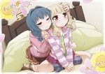  bed blonde_hair blue_hair blush casual crossed_legs furutani_himawari goyacchi hair_ornament hairband hairclip hand_on_another's_head hand_on_shoulder heart heart_print hood hoodie kneehighs long_hair multiple_girls oomuro_sakurako pillow short_hair sitting skirt striped striped_hoodie yuri yuru_yuri 