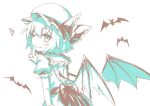  1girl absurdres back_bow back_cutout bat_(animal) bat_wings bow closed_mouth clothing_cutout commentary_request fang fang_out finger_to_mouth green_theme hat hat_ribbon highres looking_at_viewer looking_back mob_cap one_eye_closed oninamako puffy_short_sleeves puffy_sleeves remilia_scarlet ribbon shirt short_sleeves shushing skirt smile solo touhou wings 
