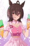  1girl agnes_tachyon_(umamusume) ahoge animal_ears blush breasts brown_hair closed_mouth clothing_cutout commentary_request crepe cropped_shirt earrings food hair_between_eyes holding holding_crepe holding_food horse_ears horse_girl jewelry looking_at_viewer medium_hair meni_shuki_rush-sshu! midriff navel nazuka_(mikkamisaki) pink_shirt pink_skirt pink_socks red_eyes shirt shoulder_cutout single_earring skirt smile socks solo tongue tongue_out umamusume 