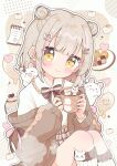  1girl :3 blonde_hair blunt_bangs blush bow bowtie brown_background brown_bow brown_bowtie brown_cardigan cardigan checkerboard_cookie closed_mouth collared_shirt commentary_request cookie cup double_bun feet_out_of_frame food grid_background hair_bun highres holding holding_cup kneehighs long_sleeves looking_at_viewer off_shoulder open_cardigan open_clothes original outline shirt short_hair sitting smile socks solo striped_bow striped_bowtie striped_clothes tasuki6918 white_outline white_shirt white_socks yellow_eyes 