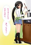  1girl akiyama_mio alternate_hairstyle apron black_hair cooking highres k-on! ponytail translation_request tyranu 