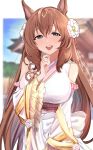  1girl animal_ears bare_shoulders blush braid breasts brown_hair chikabe commentary_request flower green_eyes hair_between_eyes hair_flower hair_ornament highres horse_ears horse_girl japanese_clothes kimono large_breasts long_hair looking_at_viewer maruzensky_(heavenly_maiden_of_divine_speed)_(umamusume) maruzensky_(umamusume) obi official_alternate_costume open_mouth sash smile solo teeth umamusume upper_teeth_only very_long_hair white_kimono wide_sleeves 