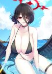  1girl absurdres bikini black_bikini black_choker black_feathers black_hair black_wings blue_archive blue_sky breasts choker cleavage closed_mouth cloud collarbone commentary_request criss-cross_straps day eyes_visible_through_hair feathered_wings feathers hair_between_eyes hair_bun halo hasumi_(blue_archive) hasumi_(swimsuit)_(blue_archive) highleg highleg_bikini highres huge_breasts lips long_hair long_hair_between_eyes looking_at_viewer low_wings navel ocean official_alternate_costume official_alternate_hairstyle outdoors red_eyes red_halo single_hair_bun sitting sky smile solo string_bikini swimsuit thigh_strap thighs water wet wings youka_chiwa 