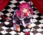  blue_eyes checkered checkered_floor claws curtains detached_sleeves dress elizabeth_bathory_(fate) elizabeth_bathory_(fate)_(all) fate/extra fate/extra_ccc fate_(series) horns long_hair motiumai pink_hair pointy_ears pointy_shoes shoes solo tail two_side_up 